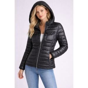 Kenneth Cole Packable Puffer Jacket Hooded Lightweight Black Small New